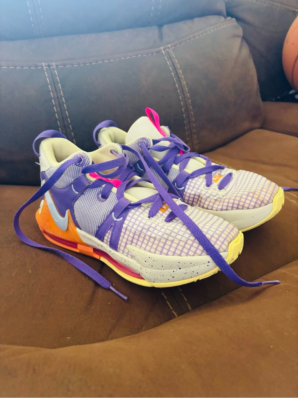 Nike Kids Basketball LeBron Purple Sneakers with Pink and Orange Accents